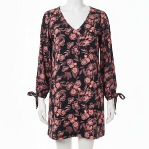 Abercrombie & Fitch Black Floral Mini Shift Dress V Neck Tie Wrist Medium